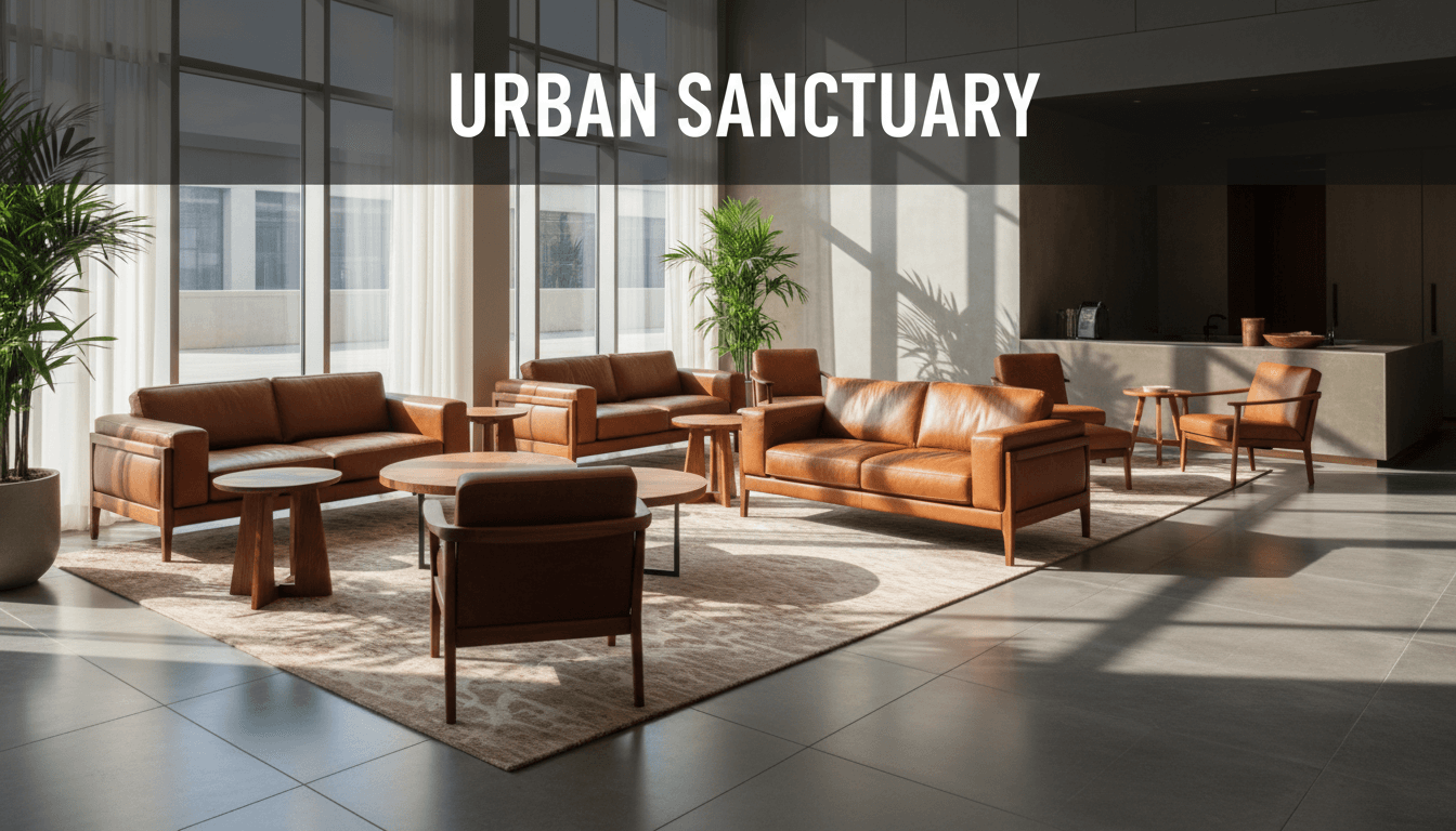 Professional commercial lobby with leather lounge seating and wooden side tables