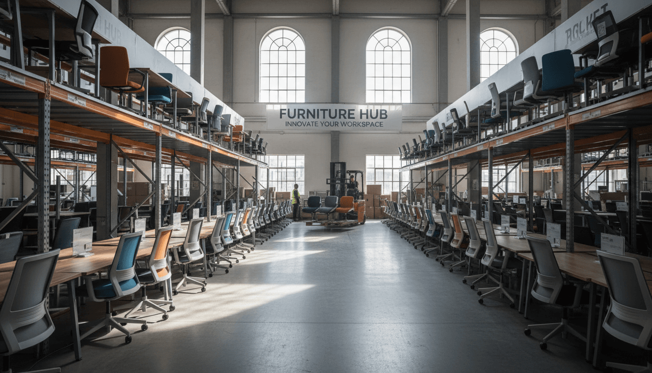 Spacious commercial furniture warehouse with rows of stacked chairs and desks under natural light