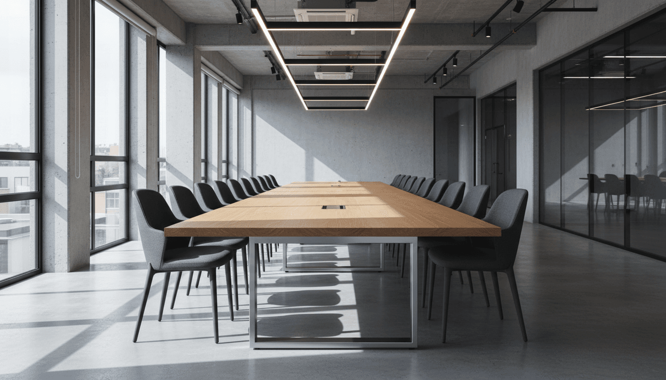 Modern commercial conference room with metal-legged table and upholstered chairs in natural light