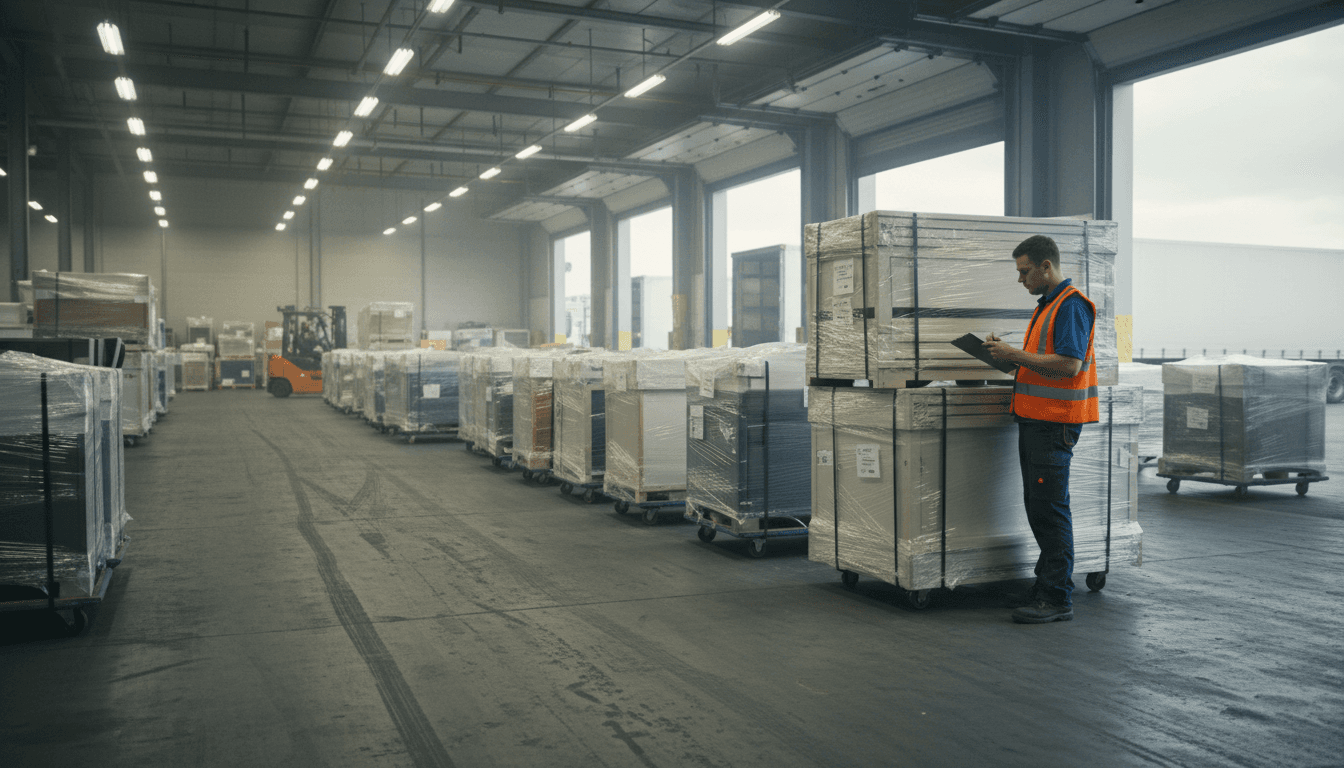 Worker checking inventory on a clipboard next to wrapped commercial furniture on a warehouse dock
