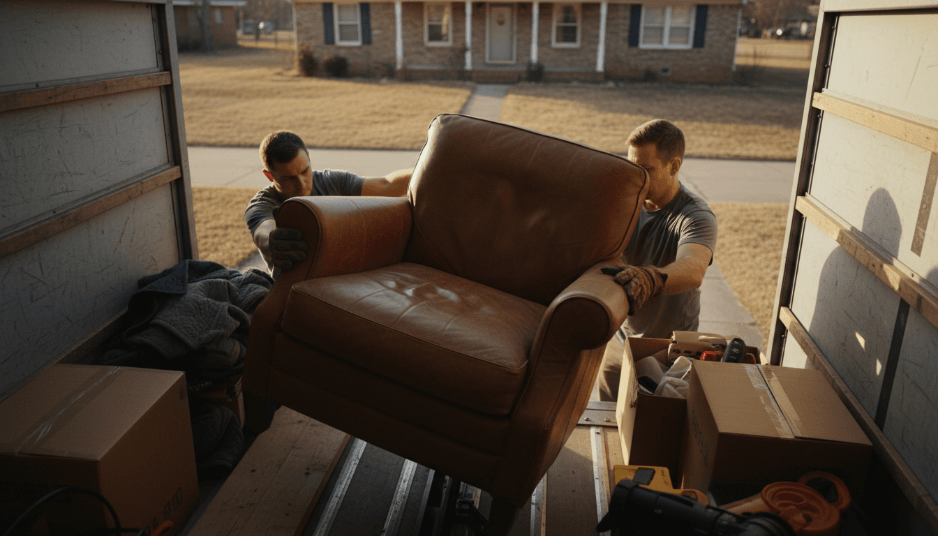 Workers in work gloves loading a worn armchair into the back of a cargo truck during golden hour sunlight