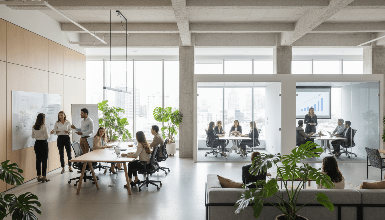 Bright, modern open-plan office with wooden conference table and ergonomic chairs