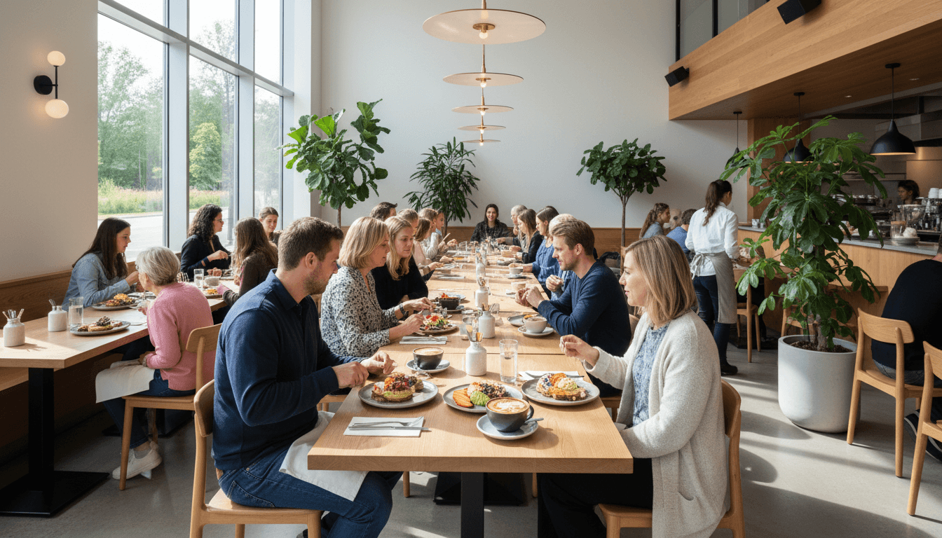 Restaurant dining area with wooden tables and chairs