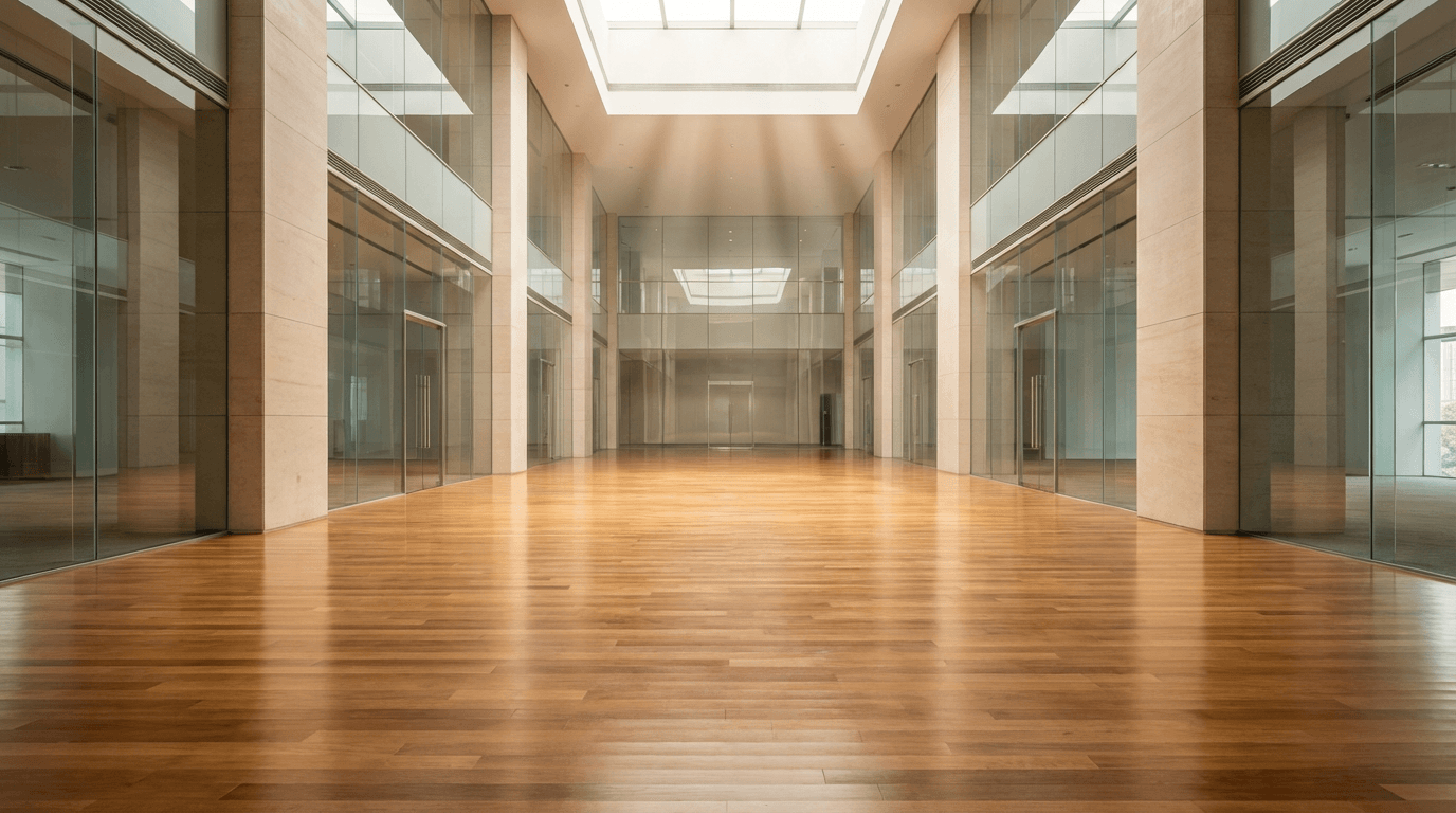Dimly lit commercial lobby with rows of contract-grade furniture in navy and charcoal tones