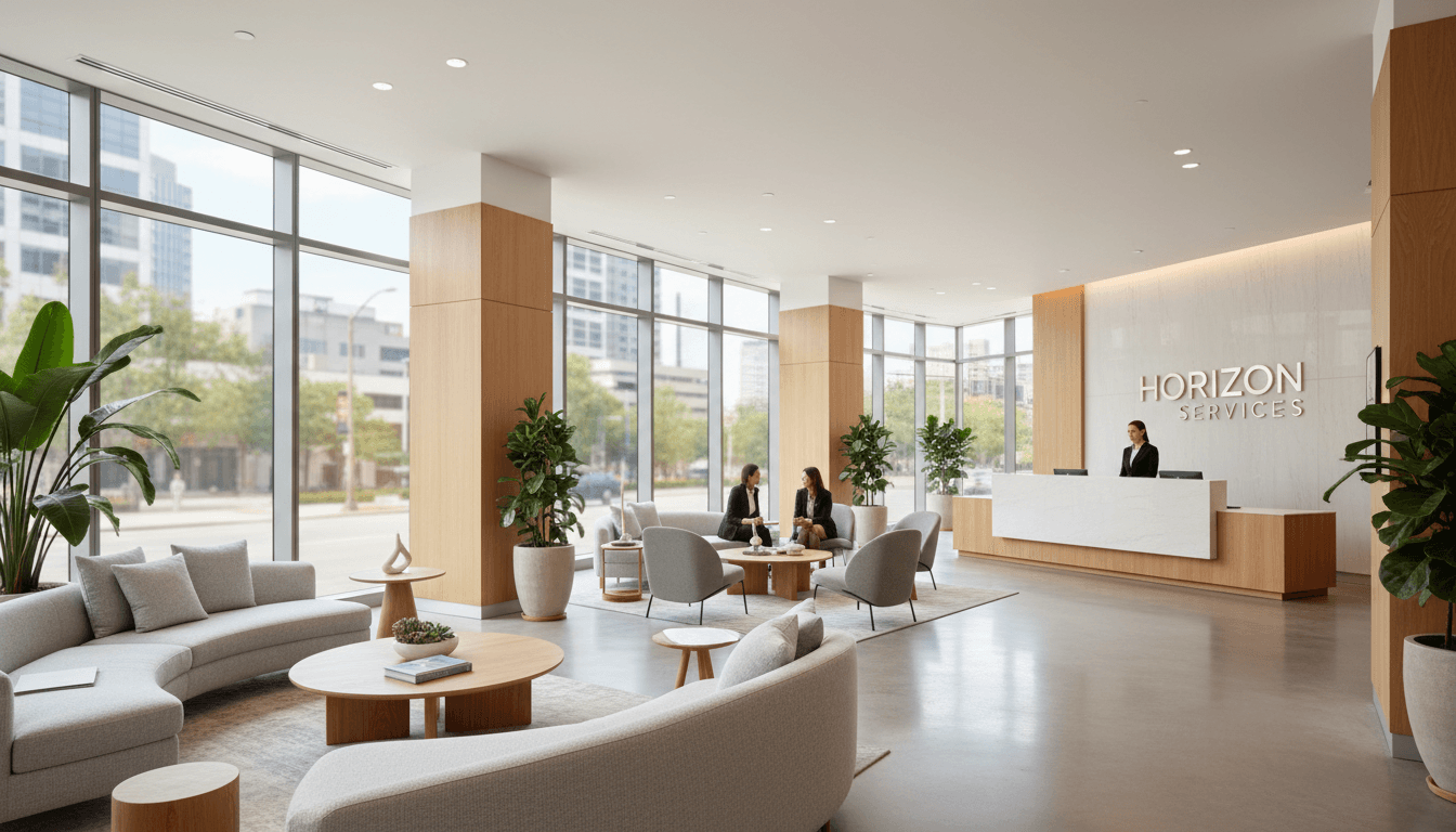 Modern commercial office lobby with clean lines, natural light, and professional furniture