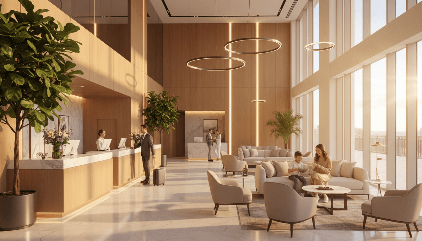 Hotel lobby with upholstered armchairs and coffee table