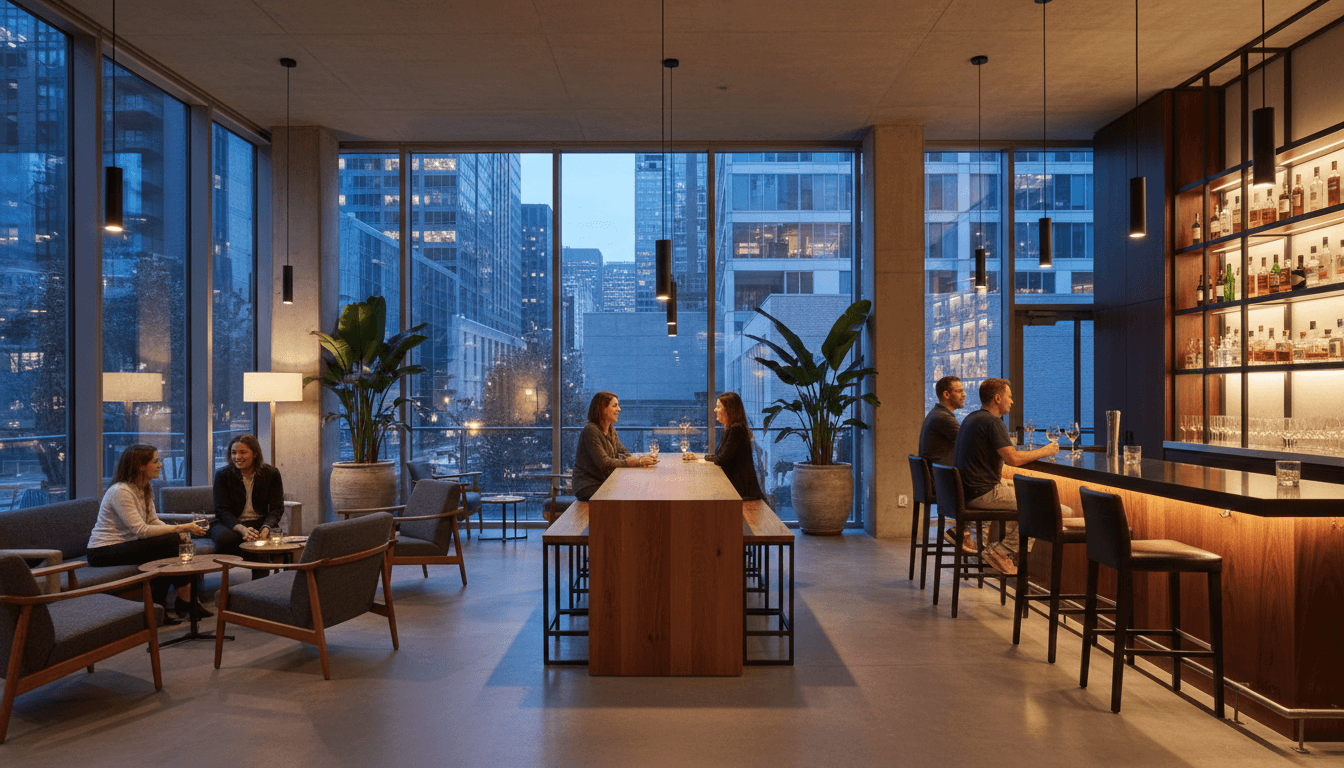 Dark, moody editorial wide shot of commercial-grade lounge furniture and dining tables in a modern Pennsylvania interior
